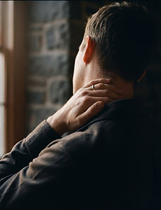 A person holding the back of their neck