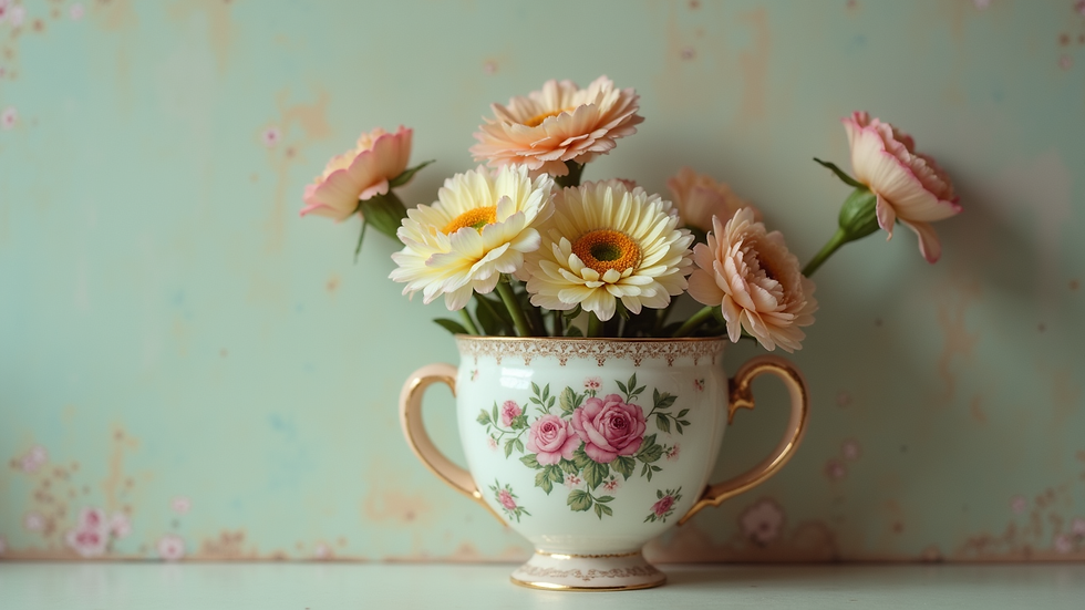 Close-up view of a vintage teacup wall pocket adorned with flowers