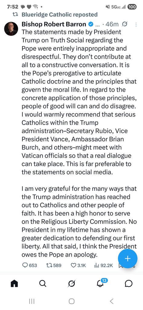 Bishop Barron adds his name to those condemning anti-christ Trump