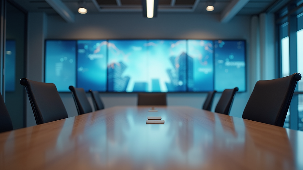 Eye-level view of a modern office meeting room with digital screens