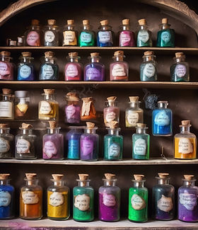 various potion bottles with spell ingred