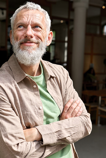 Happy smiling confident european middle aged older adult man small local business owner st