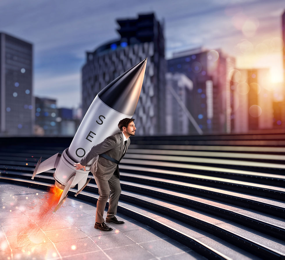 Man in a suit with a rocket labeled SEO strapped to his back, ascending staircase against city backdrop. Evening light creates energetic mood.
