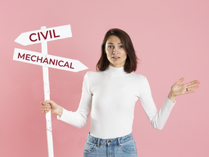 A Girl in white t-shirt confused holding a pole on which two arrows point opposite direction on one "Civil" is written and on second "Mechanical" is writen