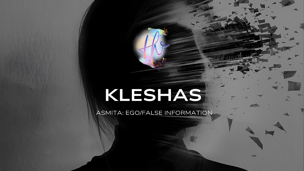 Silhouette of a person dissolving into fragments. Text: "KLESHAS" and "ASMita: Ego/False Information" on a gray background.