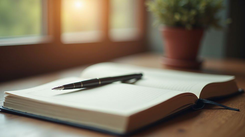Close-up view of a journal and pen on a wooden table, symbolizing mindful reflection