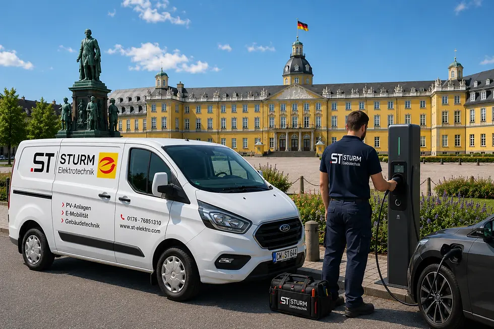 STURM Elektrotechnik Servicefahrzeug vor dem Karlsruher Schloss mit öffentlicher Ladesäule, Elektrofahrzeug und Servicetechniker bei der Installation moderner Ladeinfrastruktur in Karlsruhe