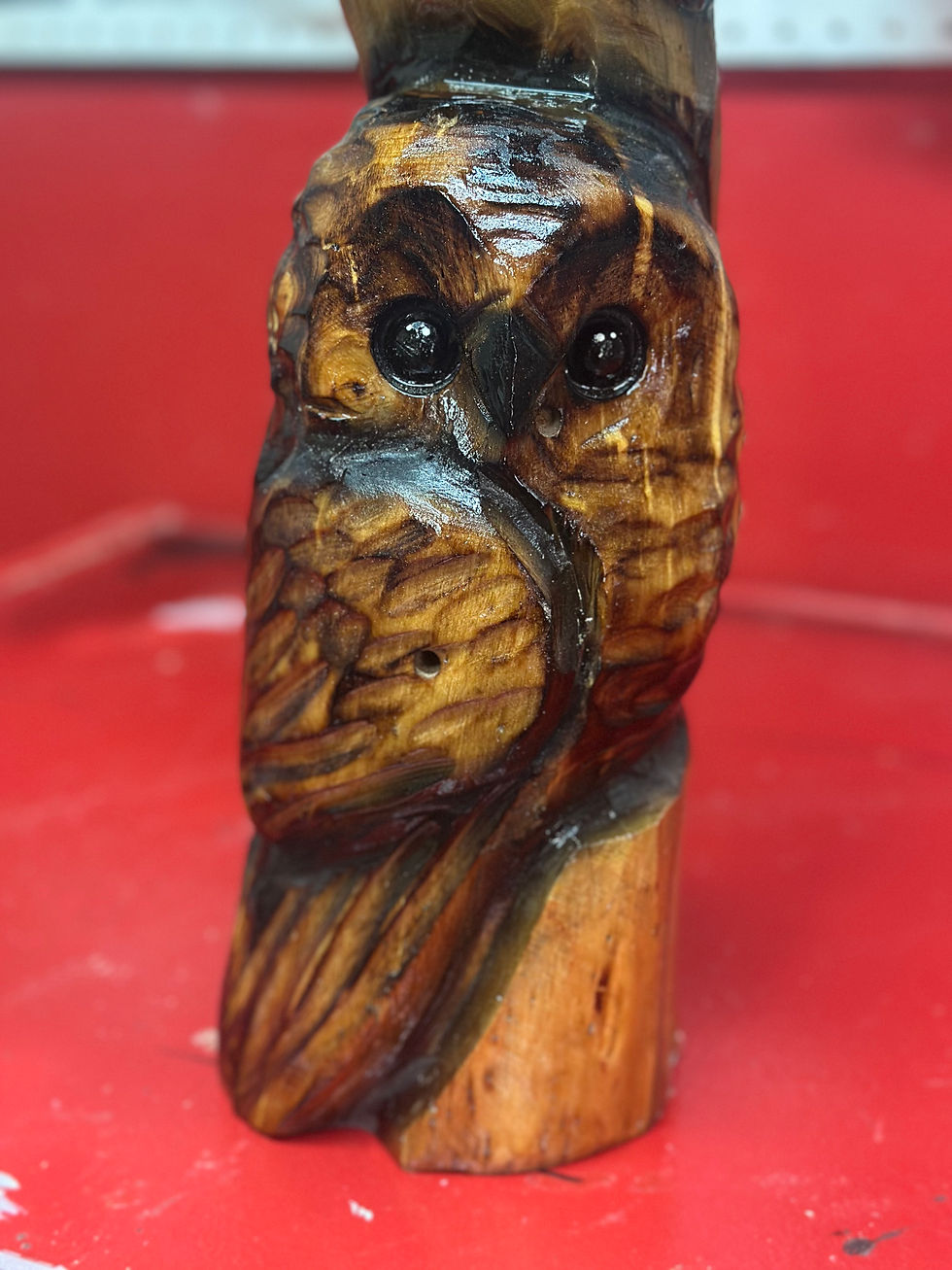 Thumbnail: 2’ Double Owl Chainsaw Carving by Kyra Waits