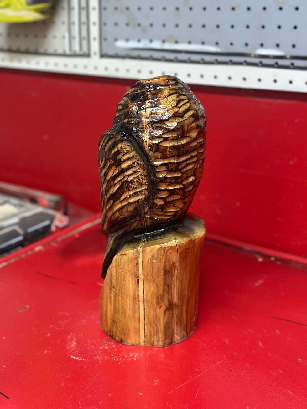 Thumbnail: 1' Misfit Burned Owl Chainsaw Carving by Kyra Waits