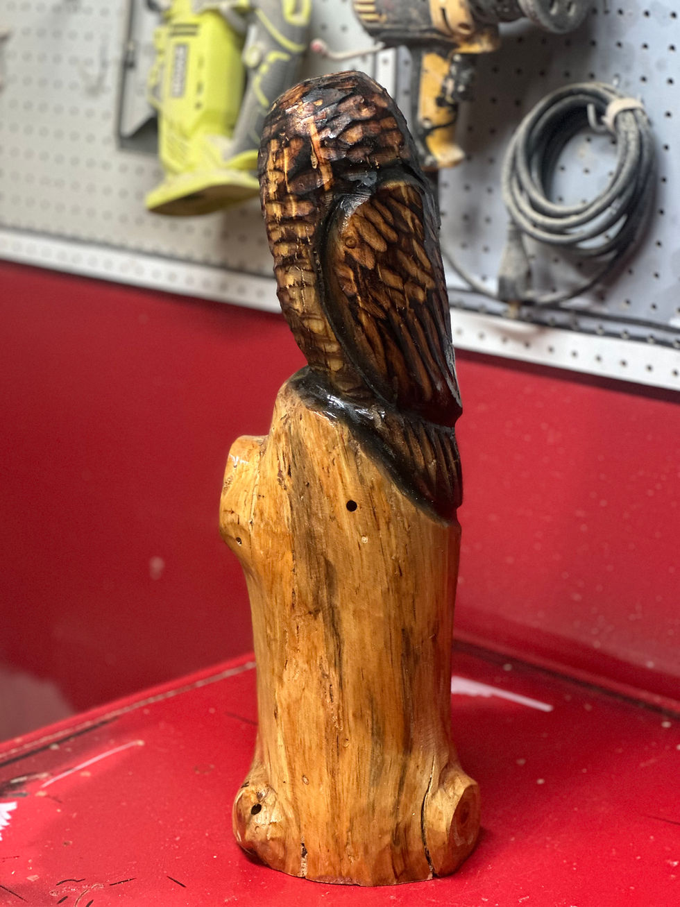 Thumbnail: 21” Owl on a Log Chainsaw Carving by Kyra Waits