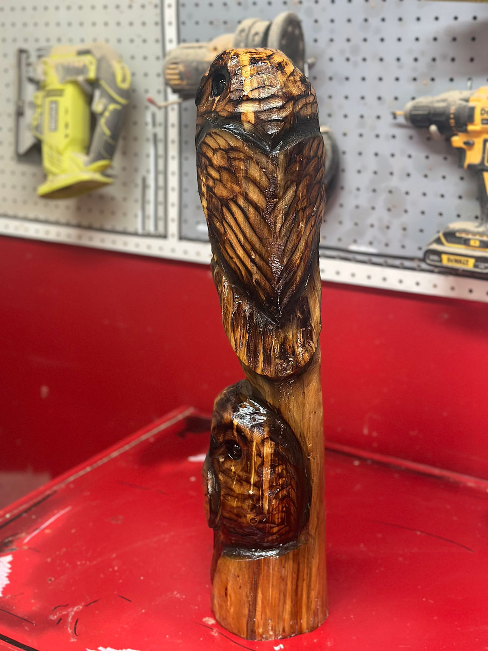 Thumbnail: 2’ Double Owl Chainsaw Carving by Kyra Waits