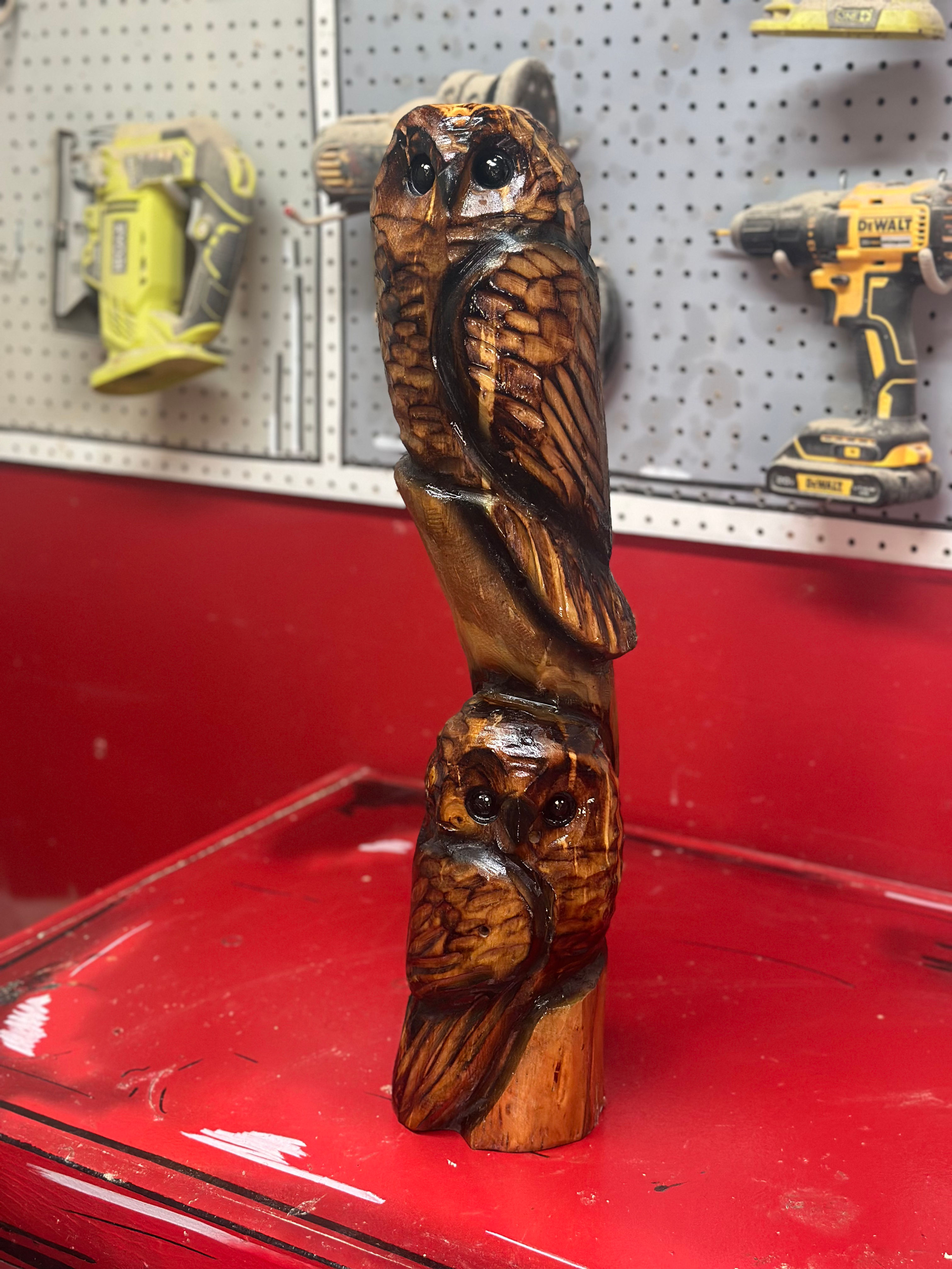 2’ Double Owl Chainsaw Carving by Kyra Waits