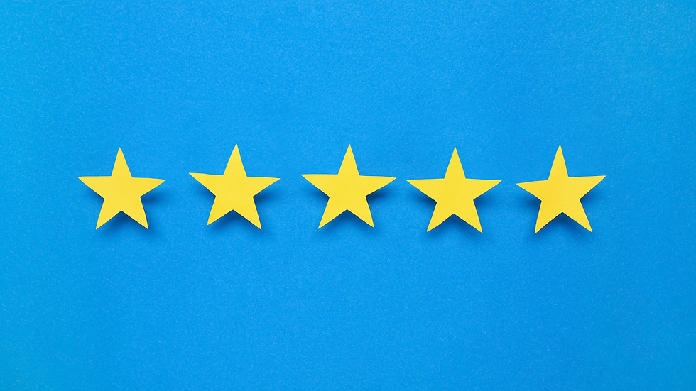 Five yellow stars lined up on a bright blue background, symbolizing a five-star rating or quality evaluation.