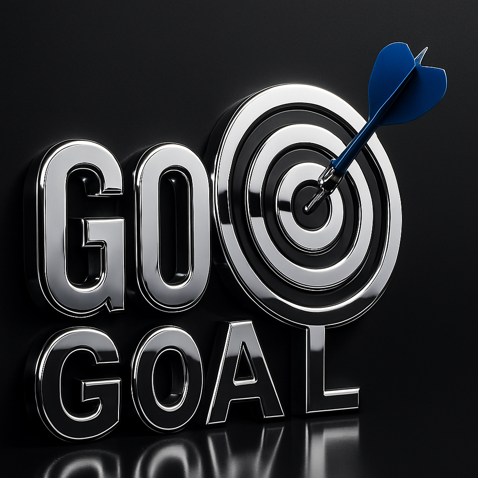 Silver letters "GO GOAL" with a dart hitting a target on a black background, representing focus and achievement. Blue dart adds contrast.