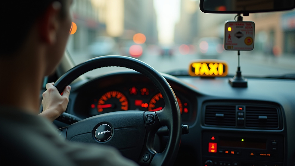 Close-up view of a taxi meter and steering wheel inside a local taxi
