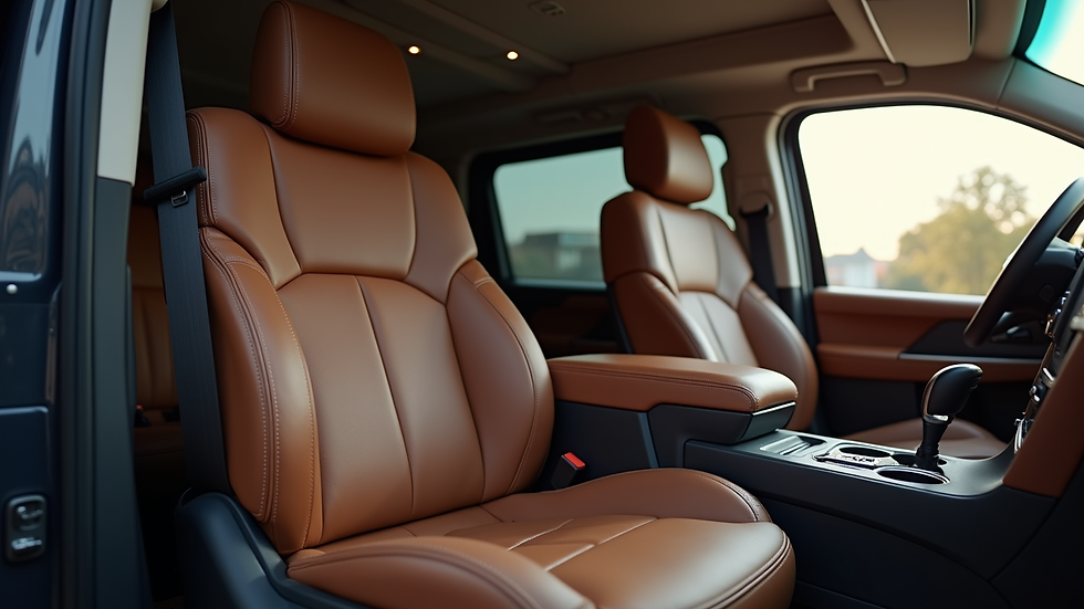 Close-up view of a luxury van interior with comfortable leather seats