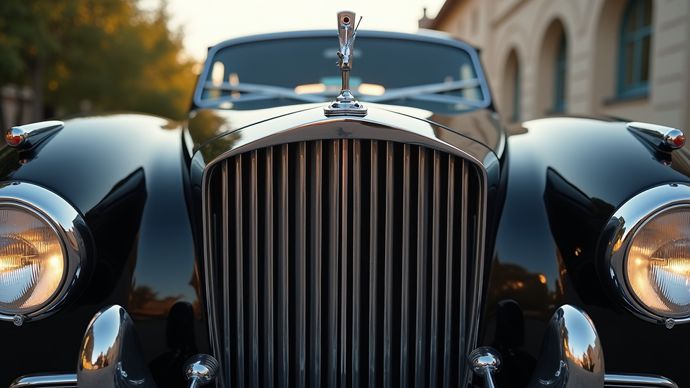 Close-up view of a sleek black luxury wedding car with polished chrome details