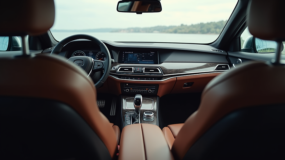 Close-up view of a luxury car interior with leather seats and clean dashboard