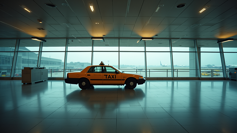Wide angle view of a taxi waiting outside an airport terminal