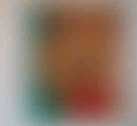 Close up Portrait showing 3/4 of a woman's face with the right eye looking directly out. She wears striking red lipstick. The backgroun in green/blue