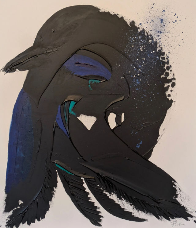 Magpies - close up. swirls of black,blue and a little white