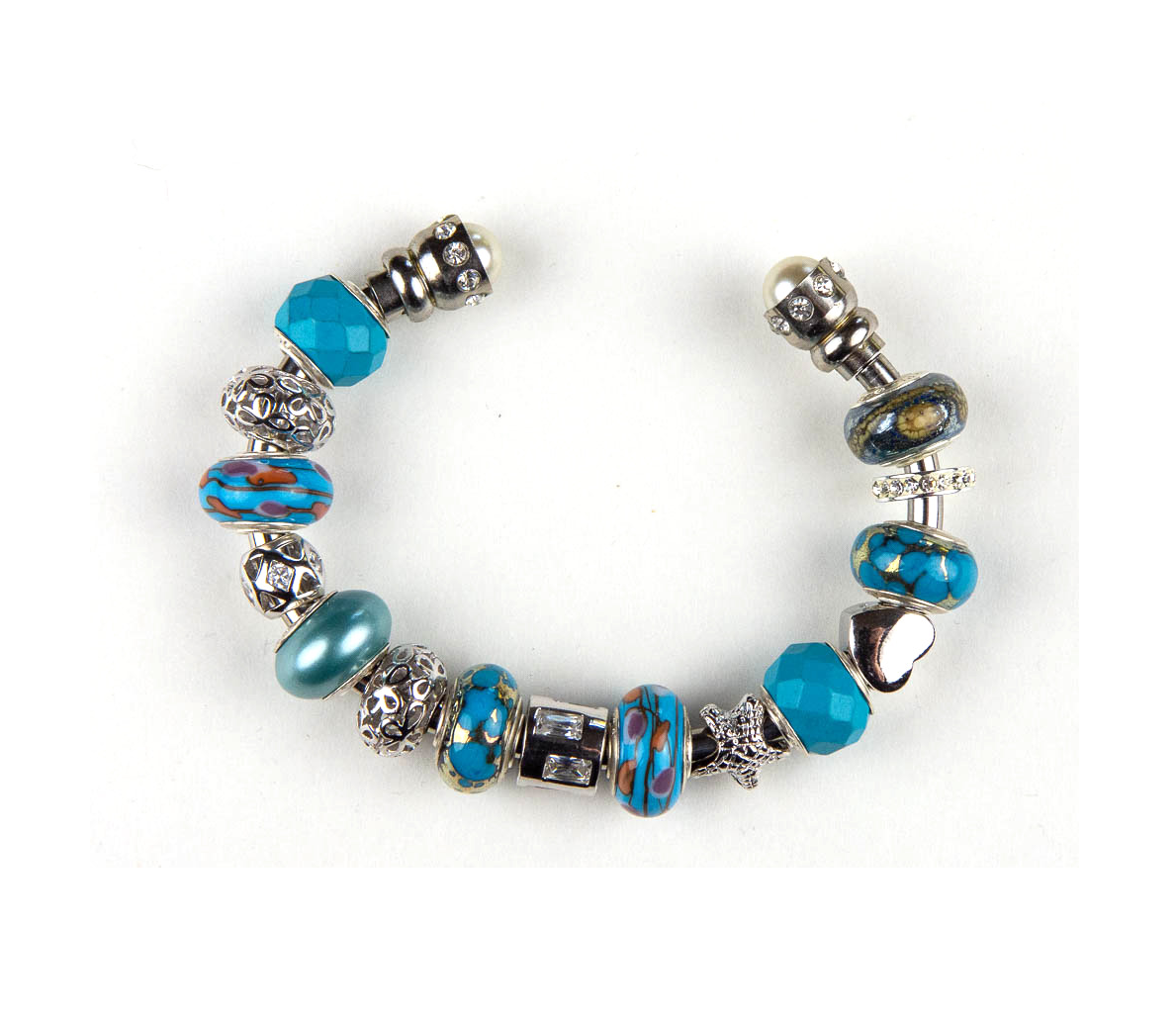 pearl-end bangle loaded with sterling silver charms and beads in lovely ocean colors