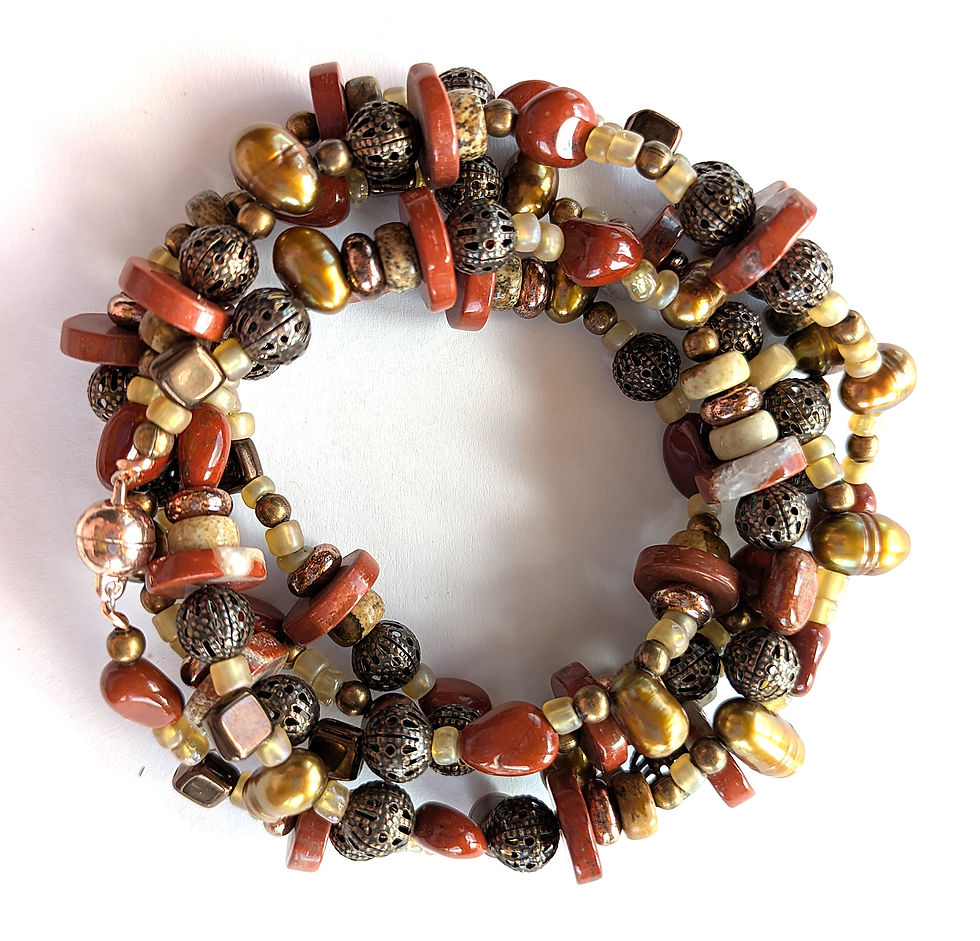 a bracelet to wrap around your wrist made from Jasper, bold pearls and bronze