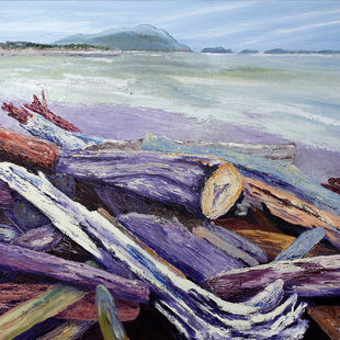 oil painting of driftwood on the beach