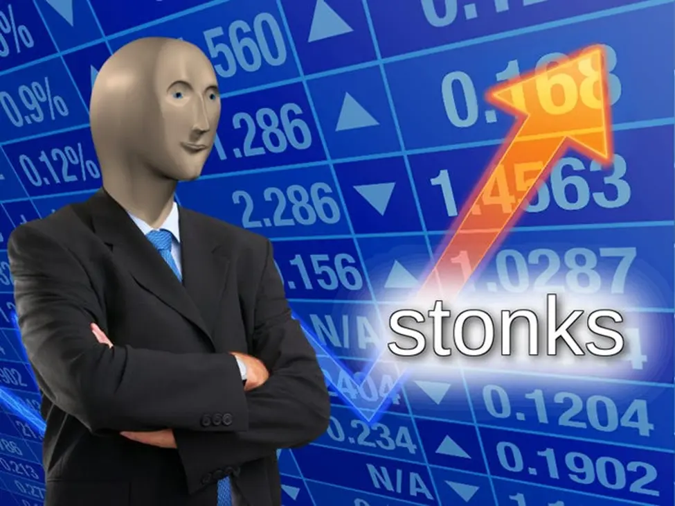 Suited meme figure with blank face stands before blue stock chart and rising orange arrow, with stonks text. Freelancer-client communication breakdown caused by inappropriate questions about company finances, investors, and business performance outside the project scope.