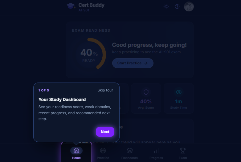 Dark Cert Buddy AI-901 study dashboard with tour pop-up: Your Study Dashboard, 1 of 5, Next, exam readiness 40% and Start Practice
