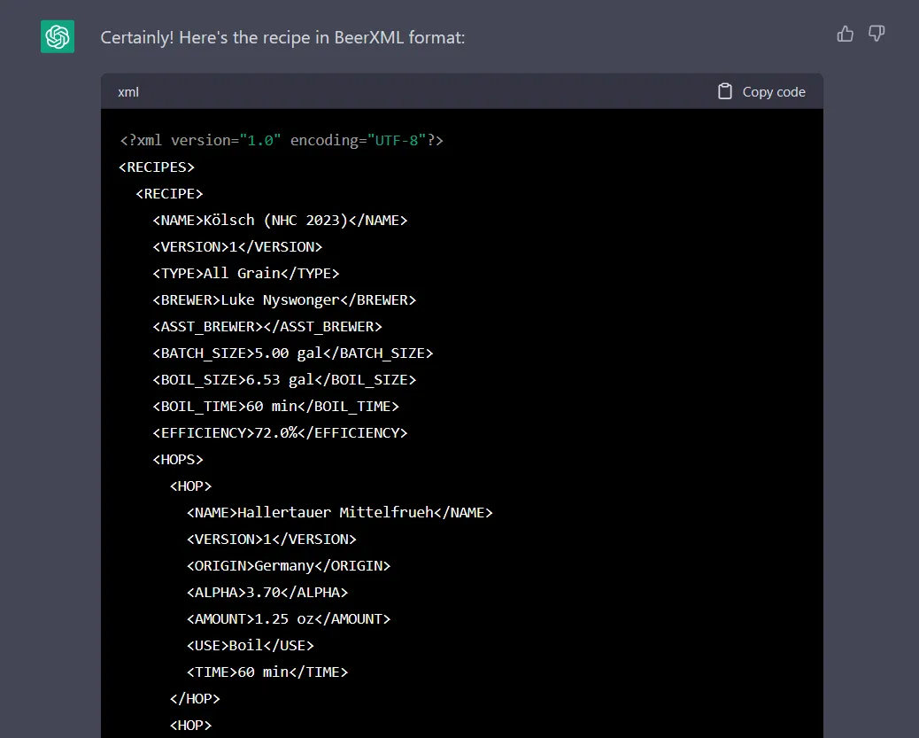 Screenshot of Beer XML file