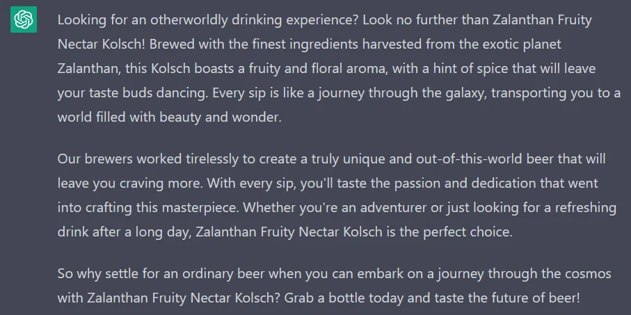 Screenshot of ChatGPT conversation around beer names