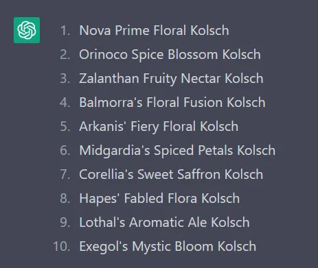 Screenshot of ChatGPT conversation around beer names