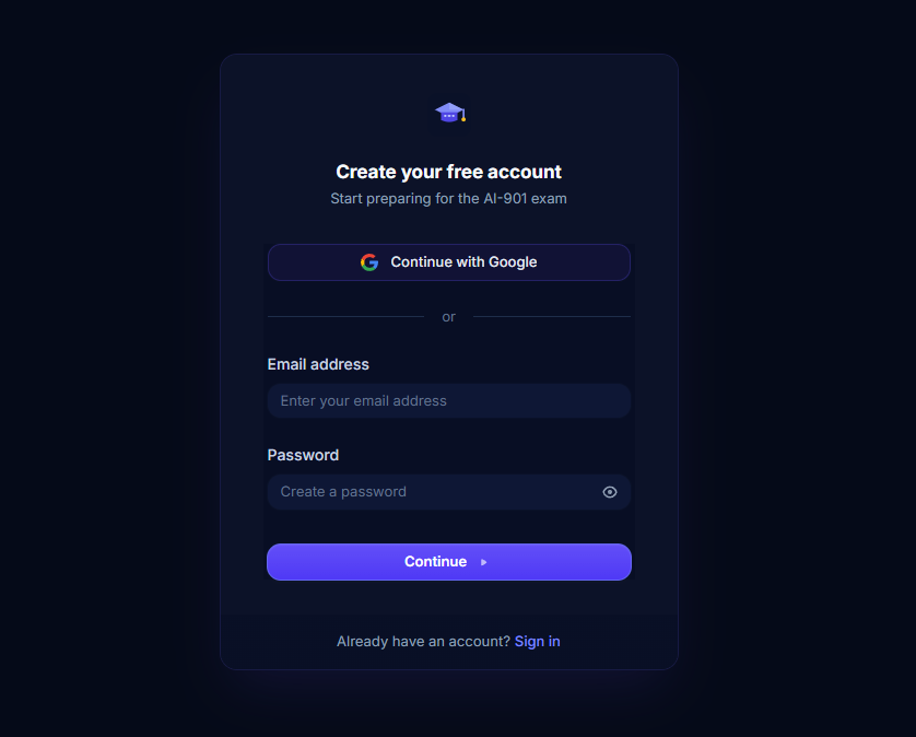 Dark sign-up screen for AI-901 prep with Google button, email and password fields, Continue button, and Sign in link.