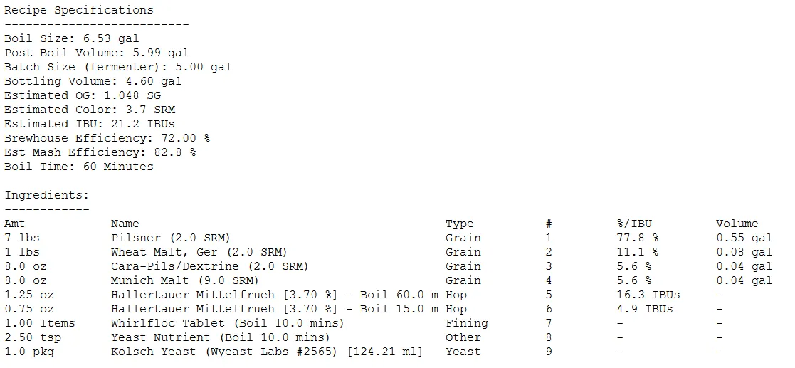Screenshot of beer recipe