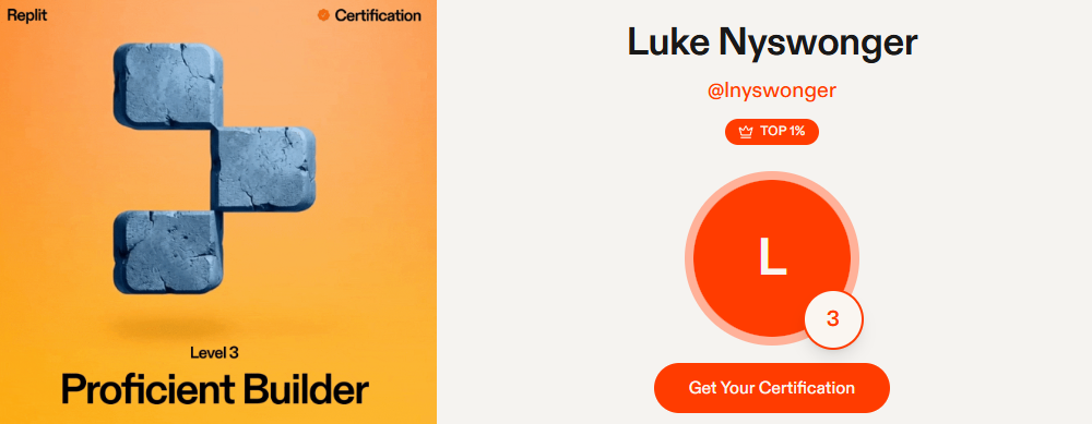 Replit certification page for Luke Nyswonger, showing a Level 3 Proficient Builder badge and a Get Your Certification button.
