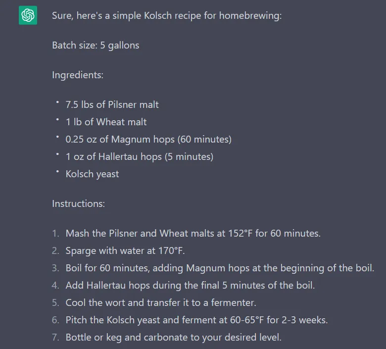 Screenshot of a beer recipe