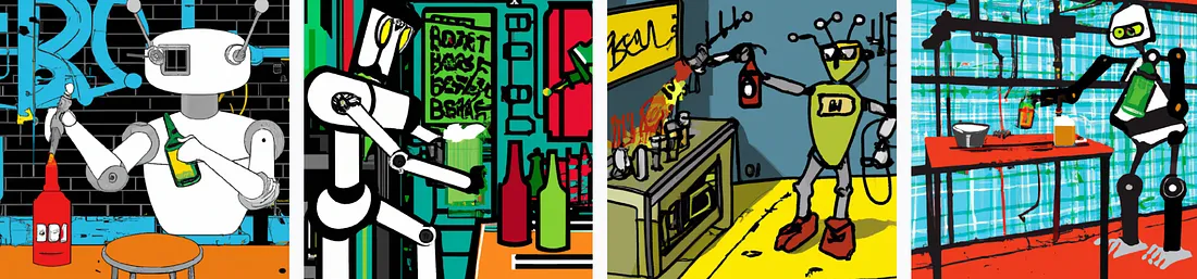 Cartoon robots making beer