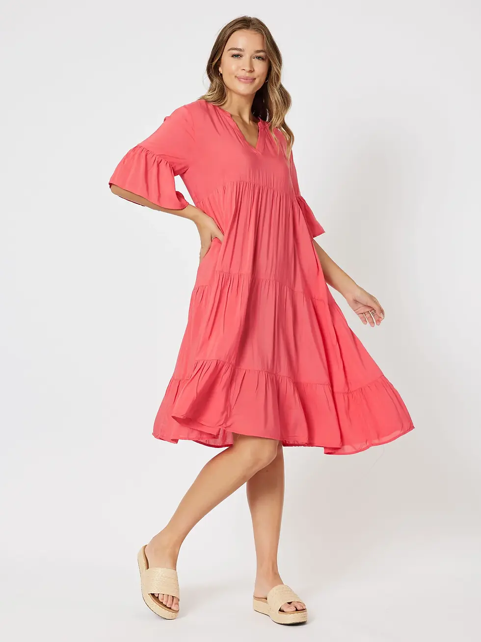 Thumbnail: TIERED SWING DRESS - CORAL