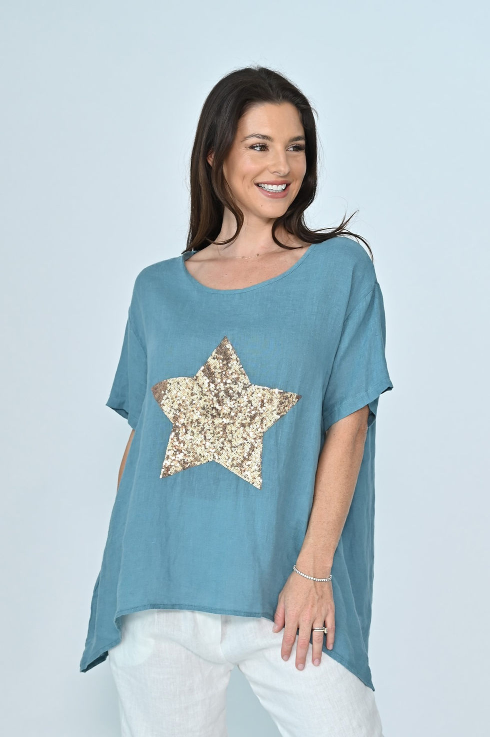 Rose Gold Star Sequins Linen Top - Denim