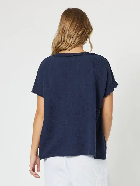 Thumbnail: BYRON COTTON V NECK TOP - NAVY