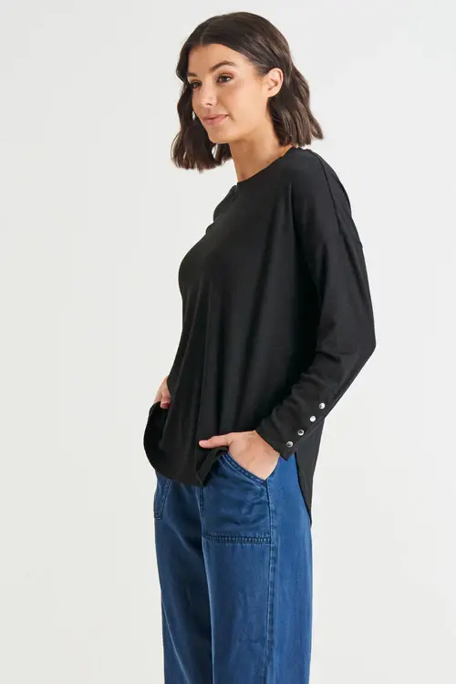 Thumbnail: MALIKA RIBBED LONG SLEEVE TEE - BLACK