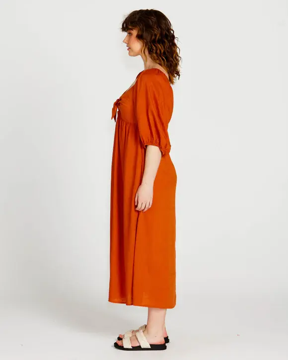 Thumbnail: FRANCESCA PUFF SLEEVE MIDI DRESS - RUST