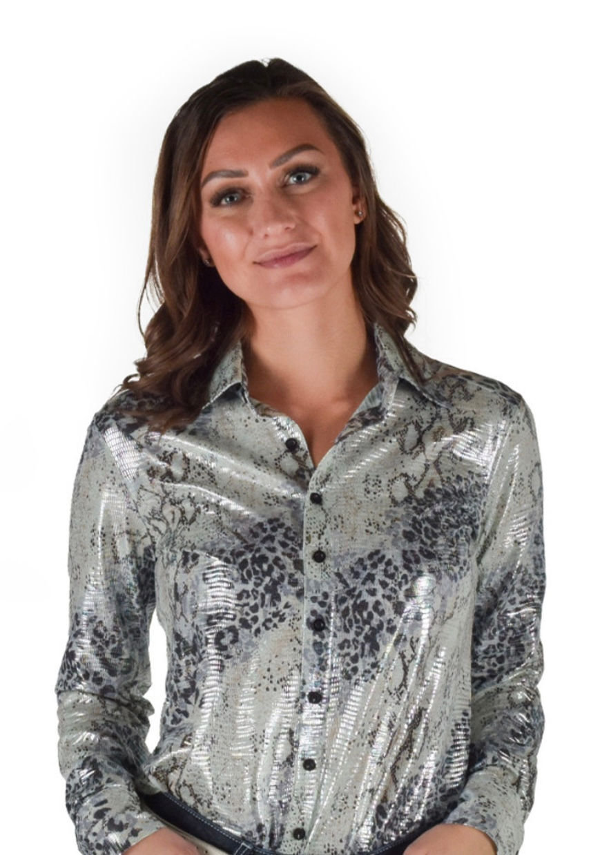 Thumbnail: Cowgirl Tuff Mint Foil Lightweight Animal Print Stretch Button Up