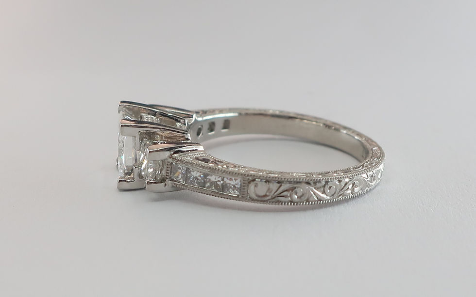 Thumbnail: Art-Deco Style. Past, Present & Future. 3 Princess cut Diamond  Engagement Ring