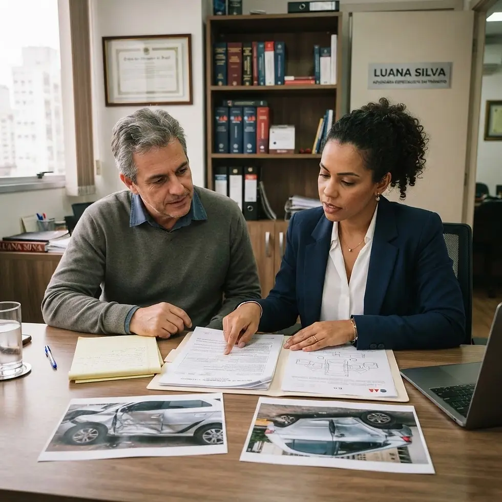 Professional photography of a male client and a female lawyer reviewing documents and car accident photos in an office setting. The interaction suggests a serious discussion of a legal or insurance matter.