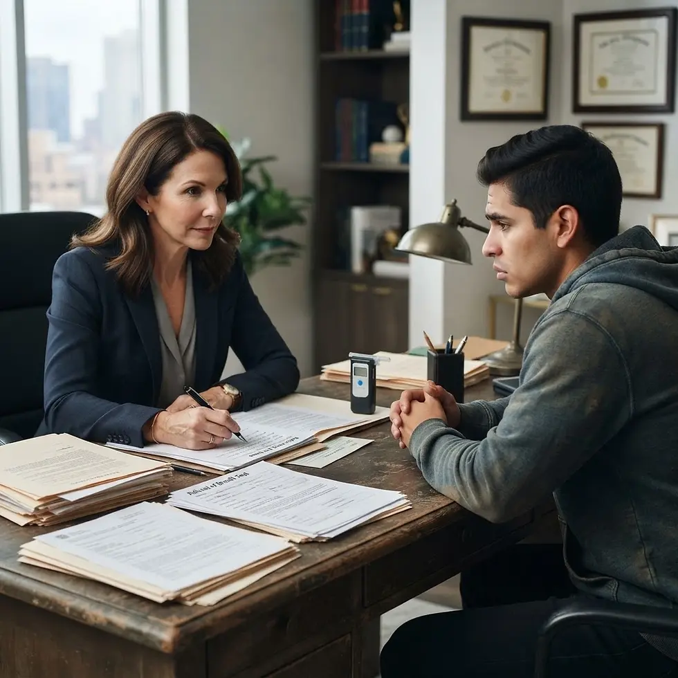 Professional photography of a lawyer consulting with a young client in an office setting. The conversation appears serious, with legal documents and awards present.