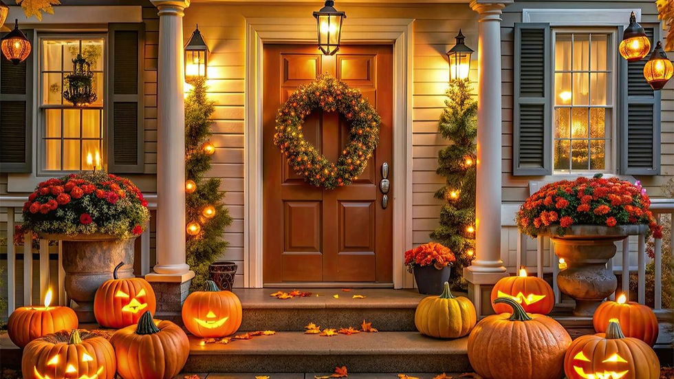 Festive front porch with glowing carved pumpkins, autumn wreath, warm lanterns, and red mums, creating a cozy Halloween mood by Llandudno Great Escapes