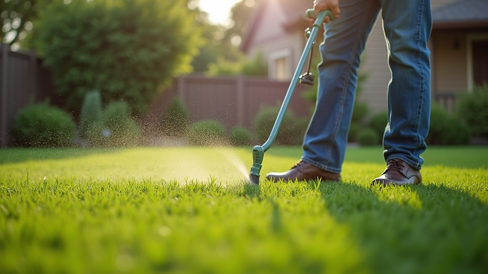 Close-up view of a professional lawn care technician applying fertilizer
