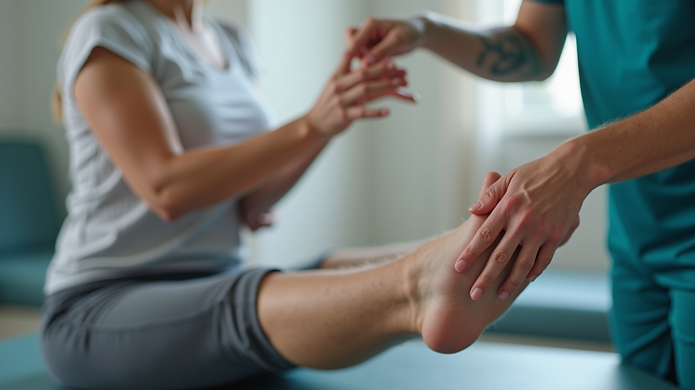 Close-up view of physiotherapist guiding patient through leg exercise